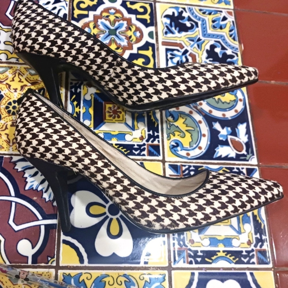 NEW Michael Kors Elisa Leather Calf Hair Houndstooth Heels